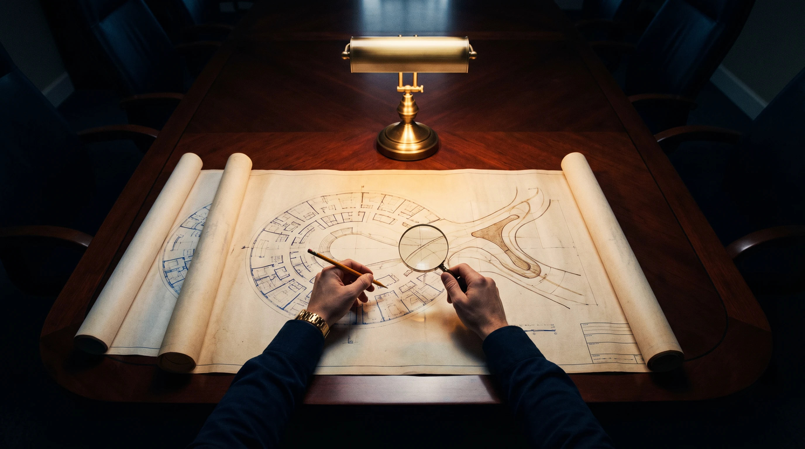 Blueprints on a mahogany table under a gold lamp &mdash; the architecture of intentional experience design