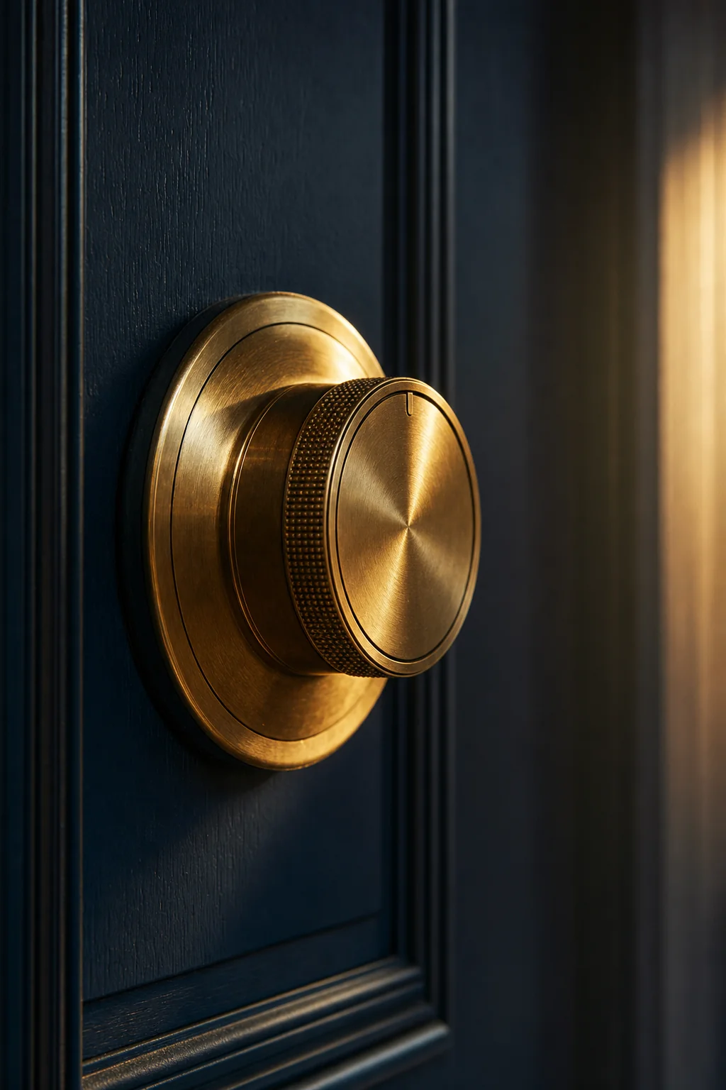 A polished brass dial on a deep navy paneled wall, lit by warm sunset light &mdash; the thermostat as a metaphor for leadership&rsquo;s daily influence on culture
