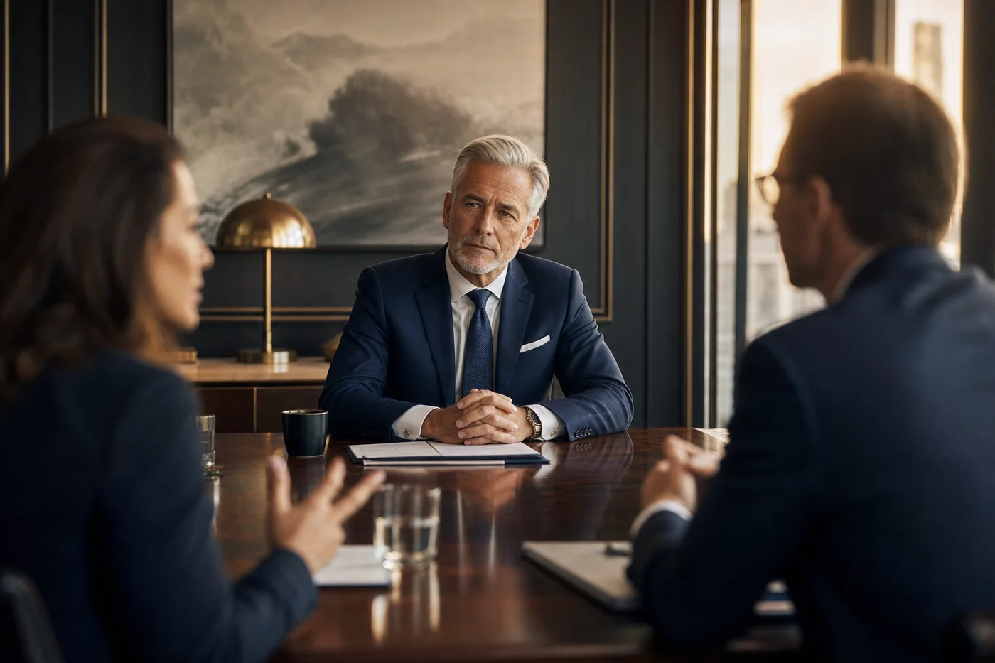 A senior executive pausing thoughtfully at the head of a conference table, listening intently as two colleagues speak &mdash; the moment before a leader chooses how to respond